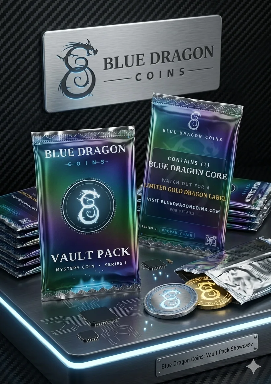 Deep Blue — Chase I Vault Packs: sealed holographic Blue Dragon foil packs with the gold Imperial Core and the silver and gold dragon coins they can contain.